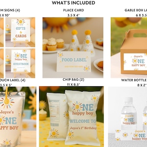 以下が含まれることがあります： 太陽のデザインと「Jayce's NE Happy Boy」の文字が入ったパーティー用品のコレクション。カスタムサイン（20.3 x 25.4 cm）、席札（8.9 x 10.2 cm）、ゲーブルボックスラベル（15.2 x 8.9 cm）、ジュースポーチラベル（8.9 x 12.7 cm）、チップバッグ（27.9 x 21.6 cm）、ウォーターボトルラベル（20.3 x 5.1 cm）が含まれています。