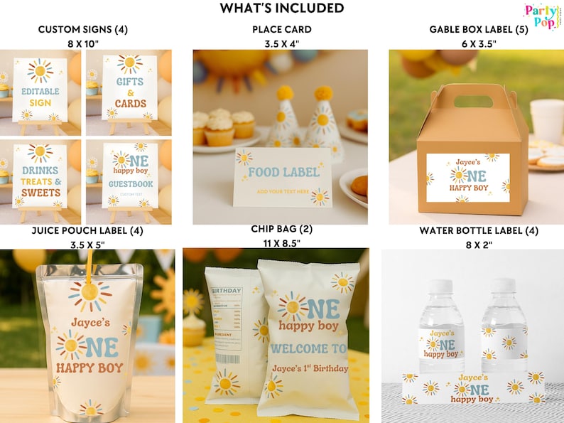 以下が含まれることがあります： 太陽のデザインと「Jayce's NE Happy Boy」の文字が入ったパーティー用品のコレクション。カスタムサイン（20.3 x 25.4 cm）、席札（8.9 x 10.2 cm）、ゲーブルボックスラベル（15.2 x 8.9 cm）、ジュースポーチラベル（8.9 x 12.7 cm）、チップバッグ（27.9 x 21.6 cm）、ウォーターボトルラベル（20.3 x 5.1 cm）が含まれています。