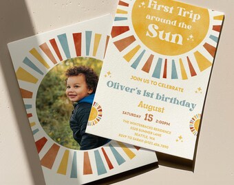 First Trip Around The Sun Birthday Invitation: Boho Sunshine Theme (Digital Template)