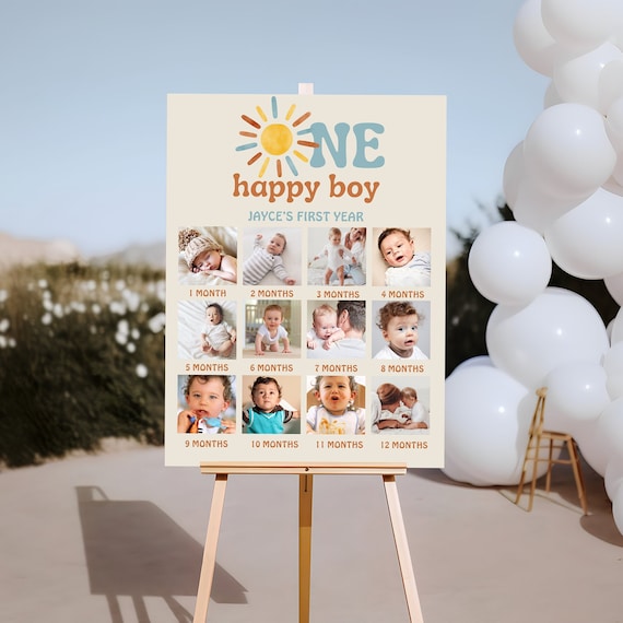 One Happy Boy | Photo Board | Milestone | 1st Birthday Board | Birthday Decorations | First Birthday | Instant Download | Editable |Boho Sun