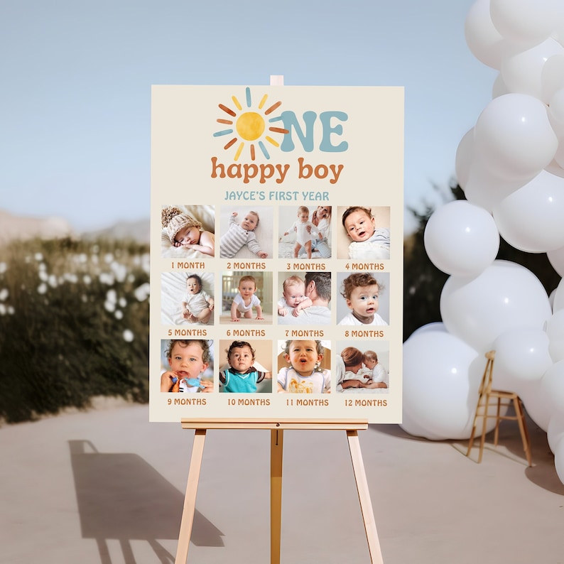K&ouml;nnte beinhalten: Ein farbenfrohes Poster mit einer Sonnengrafik und dem Text "One happy boy" und "Jayce's First Year". Das Poster zeigt 12 Fotos eines kleinen Jungen in verschiedenen Altersstufen, von 1 Monat bis 12 Monate.