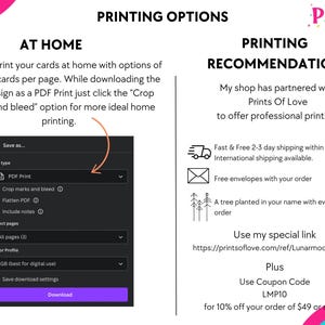 May include: Image detailing printing options for cards. Instructions for at-home printing include selecting "PDF Print" and "Crop marks and bleed." The image also recommends professional printing through a partner, Prints of Love, with fast shipping and other benefits.