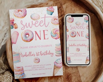 Sweet One Birthday Invitation: Donut Theme, First Birthday (Instant Download)