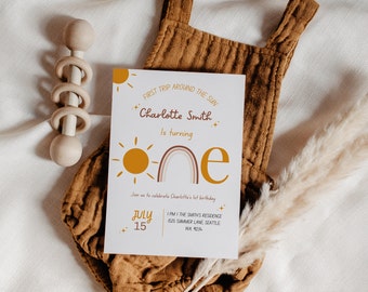 Faire-part d'anniversaire pour un premier voyage autour du soleil | Invitation d'anniversaire de Boho Sun | Faire-part premier anniversaire | 1er anniversaire de fille