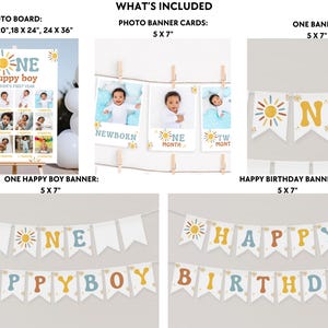以下が含まれることがあります： 赤ちゃんの1歳の誕生日のパーティーデコレーションのコレクション。フォトボード、フォトバナーカード、2つのバナーが含まれています。バナーには「ONE HAPPY BOY」と「HAPPY BIRTHDAY」と書かれています。配色は白、黄色、青です。