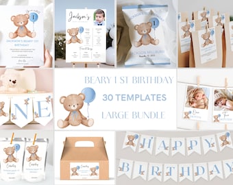 Beary 1st Birthday Bundle, 1st Birthday Boy, First Birthday Decorations, Teddy Bear Party Decorations, Instant Download, Editable