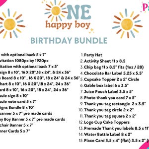 以下が含まれることがあります： 「One Happy Boy」の文字が入ったレトロテーマの誕生日バンドル。太陽のイラストと、招待状、バナー、ラベルなどのパーティー用品のリストがデザインされています。寸法はセンチメートルです。