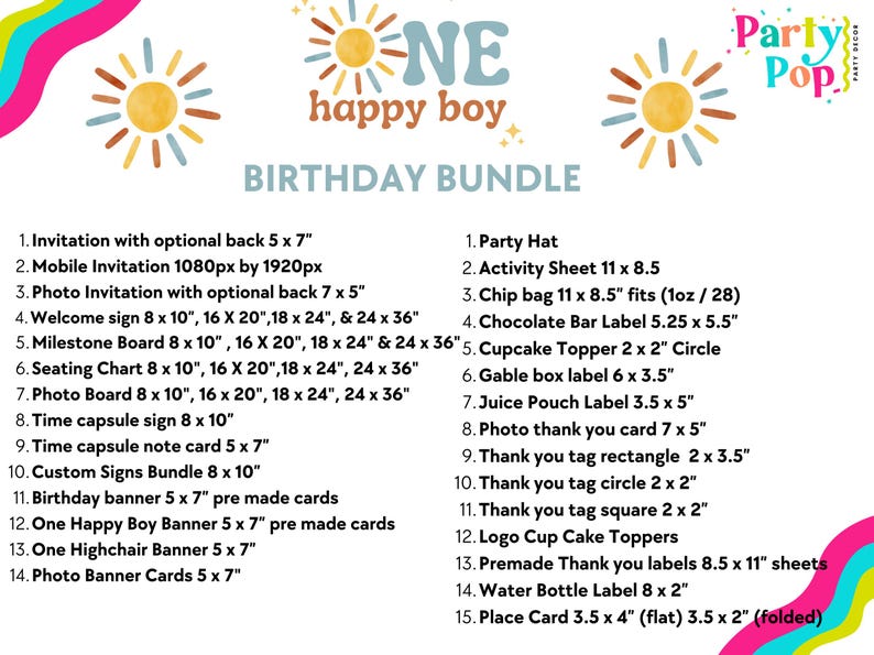 以下が含まれることがあります： 「One Happy Boy」の文字が入ったレトロテーマの誕生日バンドル。太陽のイラストと、招待状、バナー、ラベルなどのパーティー用品のリストがデザインされています。寸法はセンチメートルです。