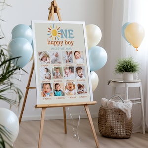 K&ouml;nnte beinhalten: Ein gelber und brauner Poster mit dem Text "ONE happy boy" und "JAYCE'S FIRST YEAR". Der Poster zeigt 12 Fotos eines kleinen Jungen in verschiedenen Altersstufen, von 1 Monat bis 12 Monate.