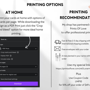 K&ouml;nnte beinhalten: Ein Screenshot einer Website, die Druckoptionen f&uuml;r druckbare Karten zeigt. Die Website bietet sowohl Druck zu Hause als auch professionelle Druckoptionen an. Die Druckoptionen zu Hause umfassen eine PDF-Druckoption mit Schnittmarken und Beschnitt, das Zusammenf&uuml;hren von PDF-Dateien und das Hinzuf&uuml;gen von Notizen. Die professionellen Druckoptionen umfassen schnellen und kostenlosen Versand, kostenlose Umschl&auml;ge und einen Baum, der in Ihrem Namen mit jeder Bestellung gepflanzt wird. Die Website bietet auch einen speziellen Link und einen Gutscheincode f&uuml;r einen Rabatt auf Bestellungen ab 49 &euro; an.