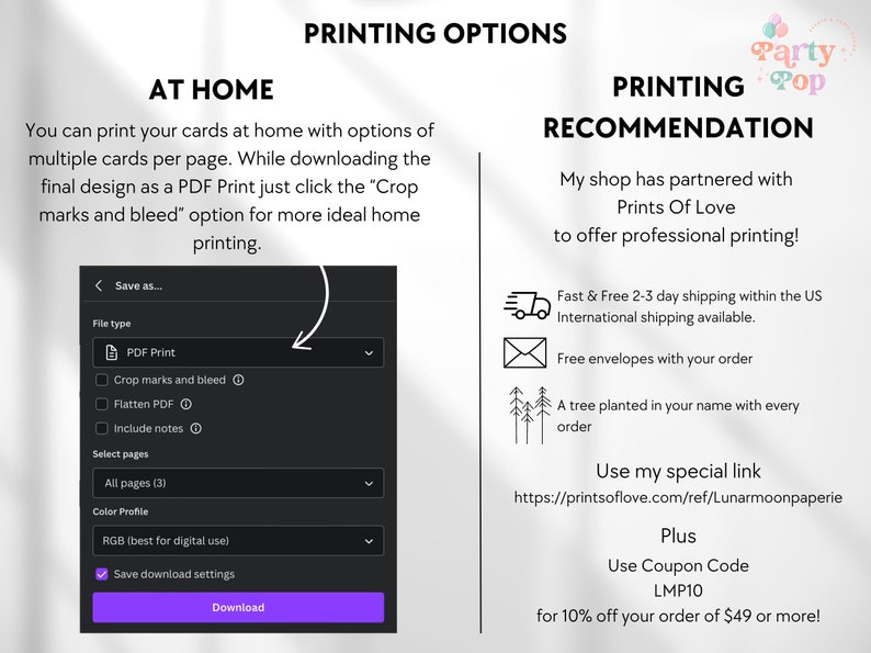 K&ouml;nnte beinhalten: Ein Screenshot einer Website, die Druckoptionen f&uuml;r druckbare Karten zeigt. Die Website bietet sowohl Druck zu Hause als auch professionelle Druckoptionen an. Die Druckoptionen zu Hause umfassen eine PDF-Druckoption mit Schnittmarken und Beschnitt, das Zusammenf&uuml;hren von PDF-Dateien und das Hinzuf&uuml;gen von Notizen. Die professionellen Druckoptionen umfassen schnellen und kostenlosen Versand, kostenlose Umschl&auml;ge und einen Baum, der in Ihrem Namen mit jeder Bestellung gepflanzt wird. Die Website bietet auch einen speziellen Link und einen Gutscheincode f&uuml;r einen Rabatt auf Bestellungen ab 49 &euro; an.