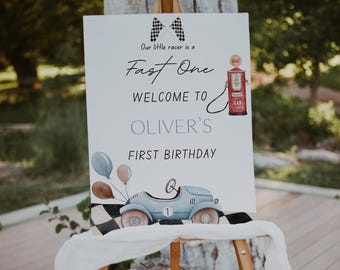 Panneau de bienvenue Fast One Birthday | Premier tour de piste | Signe 1er anniversaire | Anniversaire de voiture de course | Affiche d'anniversaire | Panneau personnalisé