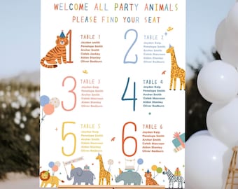 Party Animals | Birthday Seating Chart | Safari Animals Birthday | First Birthday Sign | Instant Download | Editable Template