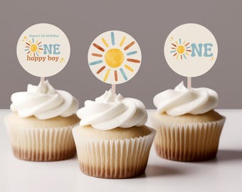 Adornos para cupcakes de "Un niño feliz" / Primer viaje alrededor del sol / Temática bohemia / Colores neutros / Imprimibles / Decoración para fiesta de primer cumpleaños / Editables