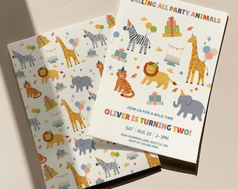 Uitnodiging feestbeesten | Verjaardagsuitnodiging | Safaridieren | Eerste verjaardag | Bewerkbare sjabloon | Direct downloaden | Feestbeesten