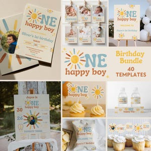 Könnte beinhalten: Eine Sammlung von Geburtstagsdekorationen mit einem Sonnen- und Textdesign. Enthält Einladungen, Fotokarten, Willkommensschilder, Cupcake-Topper, Wasserflaschenetiketten und Chipstüten. Das Thema ist "NE happy boy" für eine erste Geburtstagsfeier.