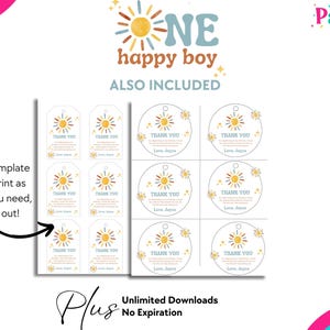 以下が含まれることがあります： 「ONE happy boy」の文字と太陽のデザインが施された印刷可能なテンプレート。 「THANK YOU」の文字が入ったギフトタグと円形デザインが含まれています。 デザインは黄色、オレンジ、青の色を使用しています。