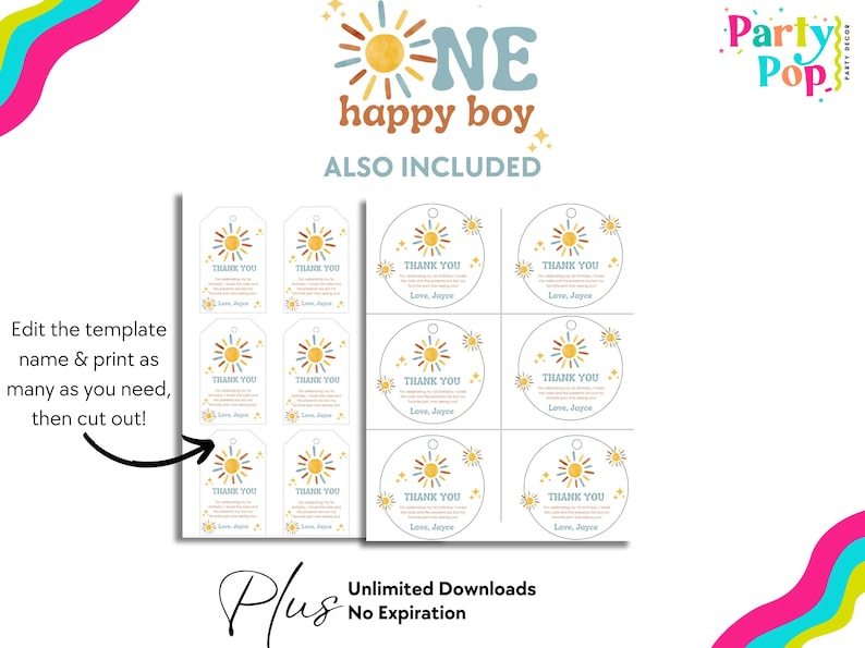 以下が含まれることがあります： 「ONE happy boy」の文字と太陽のデザインが施された印刷可能なテンプレート。 「THANK YOU」の文字が入ったギフトタグと円形デザインが含まれています。 デザインは黄色、オレンジ、青の色を使用しています。