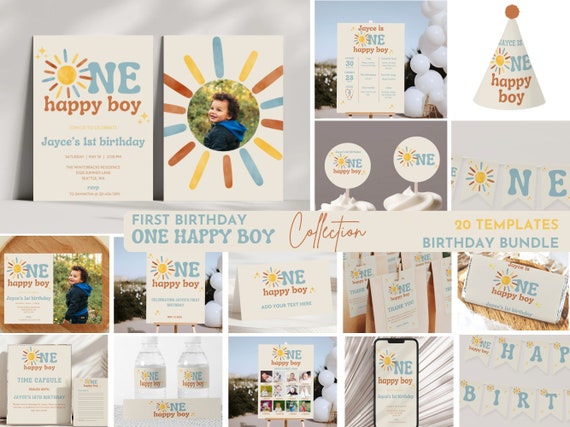 One Happy Boy Birthday Bundle | 1st Birthday Invitation for Boy | First Trip Around The Sun | Boho Theme | Neutral Colors | Printable