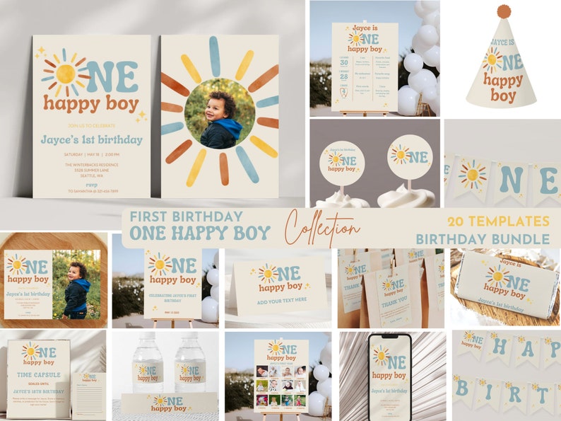Puede incluir: Una colecci&oacute;n de suministros para fiestas de cumplea&ntilde;os con un dise&ntilde;o de sol retro. Incluye invitaciones, letreros, adornos para cupcakes, pancartas y m&aacute;s. El texto dice "One Happy Boy" y "Jayce's 1st Birthday".