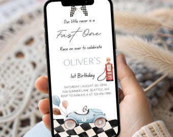 Fast One 1e verjaardagsuitnodiging, vintage raceauto, eerste verjaardagsuitnodiging, mobiele uitnodiging, instant download, Fast One Birthday