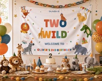 Twee wilde verjaardagsbanner, feestbeesten, decor tweede verjaardag, welkomstbord verjaardag, jungleverjaardag, aangepaste banner