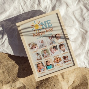 K&ouml;nnte beinhalten: Ein gerahmtes Foto-Collage vom ersten Lebensjahr eines kleinen Jungen, mit einem Sonnen-Motiv und dem Text "One happy boy" und "Jayce's First Year". Jedes Foto ist mit dem entsprechenden Monat beschriftet.
