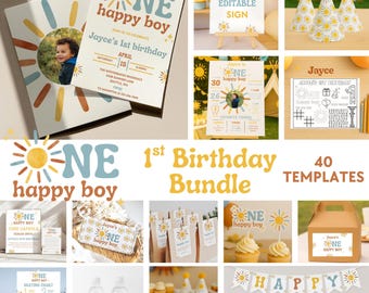One Happy Boy Birthday Bundle | 1st Birthday Invitation for Boy | First Trip Around The Sun | Boho Theme | Neutral Colors | Printable