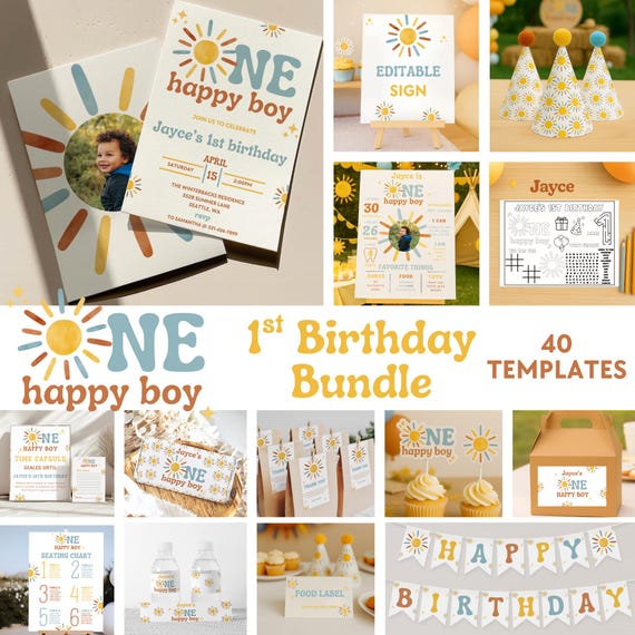 One Happy Boy Birthday Bundle | 1st Birthday Invitation for Boy | First Trip Around The Sun | Boho Theme | Neutral Colors | Printable