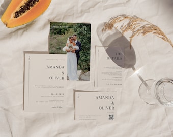 Minimalistisches Foto Hochzeitseinladungs Set: Elegantes Canva Template