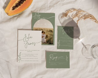Sage Green Wedding Invitation Suite: Minimalist Template (Editable)