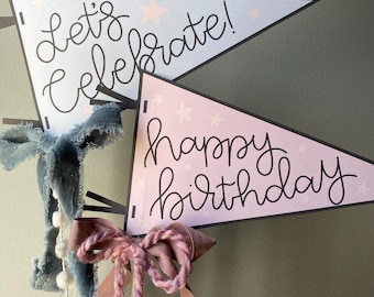 Happy Birthday pennant flag printable, Let&#39;s Celebrate Card, Birthday Gift Tag, Happy Birthday gift wrapping, Digital Birthday Card
