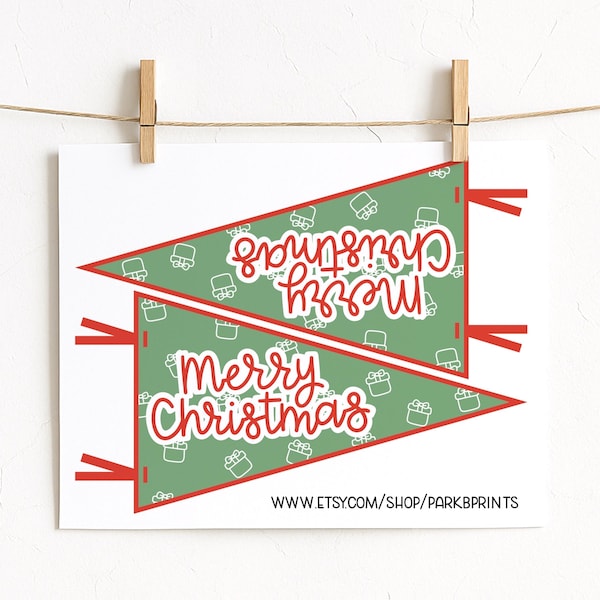 Vrolijk kerstfeest afdrukbare wimpel, klassiek cadeaukaartje, cadeautopper, cadeauverpakking voor de feestdagen