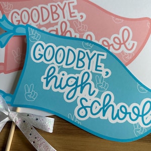 May include: Two blue and pink cardboard photo booth props with the text "Goodbye, high school" on the blue prop and "Goodbye, high school" on the pink prop. Both props have peace sign graphics.