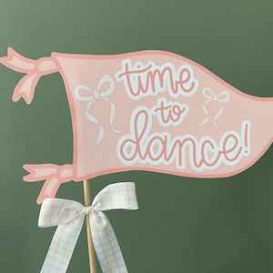 May include: Pink banner with the text "time to dance!" in white lettering. The banner has a pink bow on each end and is attached to a wooden stick with a pink and white gingham bow.