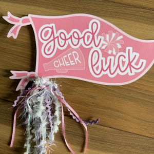 Op de afbeelding: Een roze banner met de woorden "Good Cheer Luck" in witte letters. De banner heeft aan elk uiteinde een strik en is bevestigd aan een kwast van witte, zilveren en paarse strengen met roze linten. De banner is waarschijnlijk voor een cheerleading-evenement.