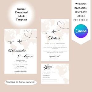 May include: Editable wedding invitation template with a world map background and a heart-shaped route with airplanes. The text says "Alisandra & Logan" and "Joyfully invite you to their wedding celebration".