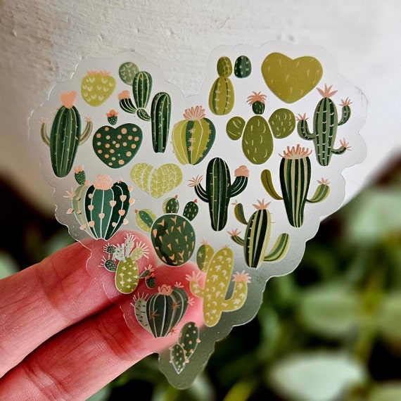 Cactus Heart Shaped Clear Vinyl Sticker 3x3in.