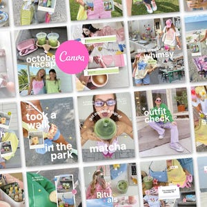 May include: A collage of social media posts featuring lifestyle photography, including images of matcha drinks, outdoor walks, beach scenes, and casual outfits, all overlaid with text elements like Canva, October Recap, and various daily journal captions.
