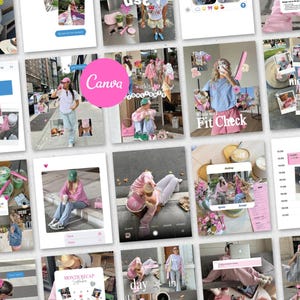Op de afbeelding: Een digitale collage van meerdere social media berichten met een roze en witte esthetiek. Het raster toont diverse lifestyle foto's, kalenderlay-outs, tekstoverlays zoals Fit Check en Month Recap, en grafische elementen en iconen.