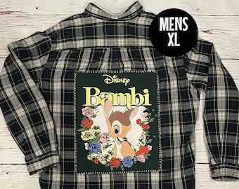 Upcycled Plaid Shirt with a Disney Bambi T-shirt Applique (Mens XL/Designed to be Unisex)