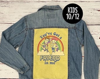 Upcycled Jean Jacket with a Toy Story T-shirt Applique (Kids Size L 10/12)