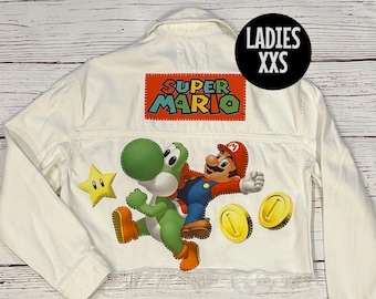 Upcycled White Jean Jacket with Super Mario Appliques (Ladies XXS)