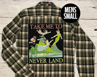 Upcycled Flannel Shirt with a Disney Peter Pan T-shirt Applique (Mens Small/Designed to be Unisex)