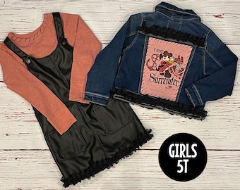 Upcycled Shirt, Jumper, and Jean Jacket with a Minnie Pirate T-shirt Applique (Girls 5T)