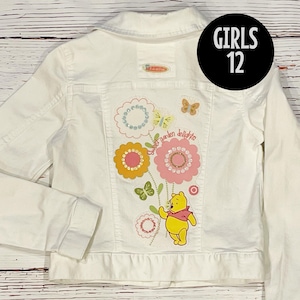 Upcycled Jean Jacket with a Winnie the Pooh T-shirt Applique (Girls Size 12)