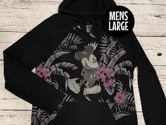 Upcycled Tropical Hoodie with a Classic Mickey T-shirt Applique (Mens Large/Designed to be Unisex)