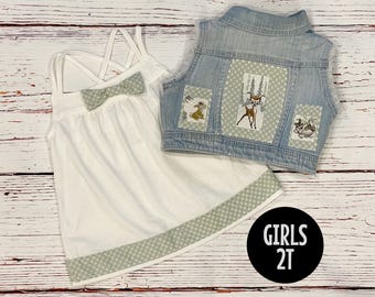 Upcycled Dress and Denim Vest with Bambi Appliques (Girls 2T)