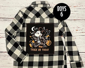 Upcycled Flannel Shirt with a Disney Mickey Glow-in-the-dark Halloween T-shirt Applique (Boys Size 6/Designed to be Unisex)