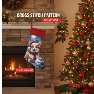 May include: A Christmas stocking featuring a cross stitch pattern of a Corgi wearing a Santa hat and a striped scarf. The stocking has a red cuff and a blue winter forest background. Text on the image reads CROSS STITCH PATTERN FULL COVERAGE.